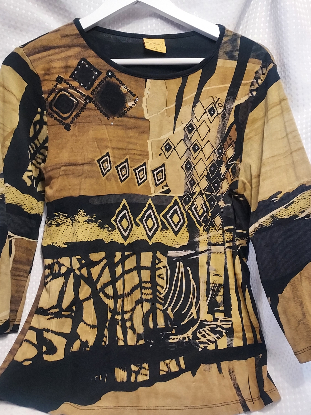 Abstract Pattern Long Sleeve Top in Mustard Black - Katina Marie